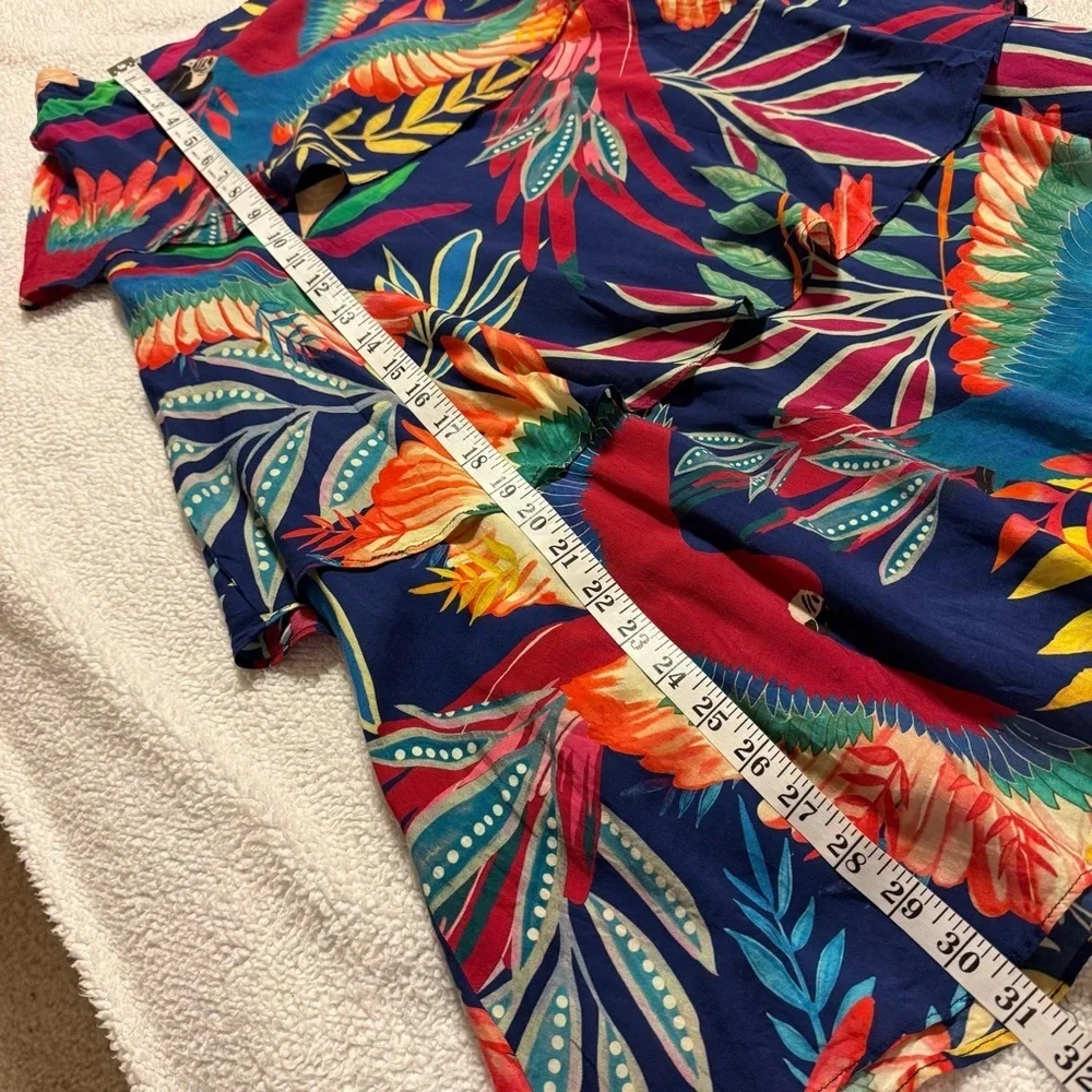 Farm Rio Fatima Tiered Midi Skirt Blue Tropical Bird Floral Print Ruffle